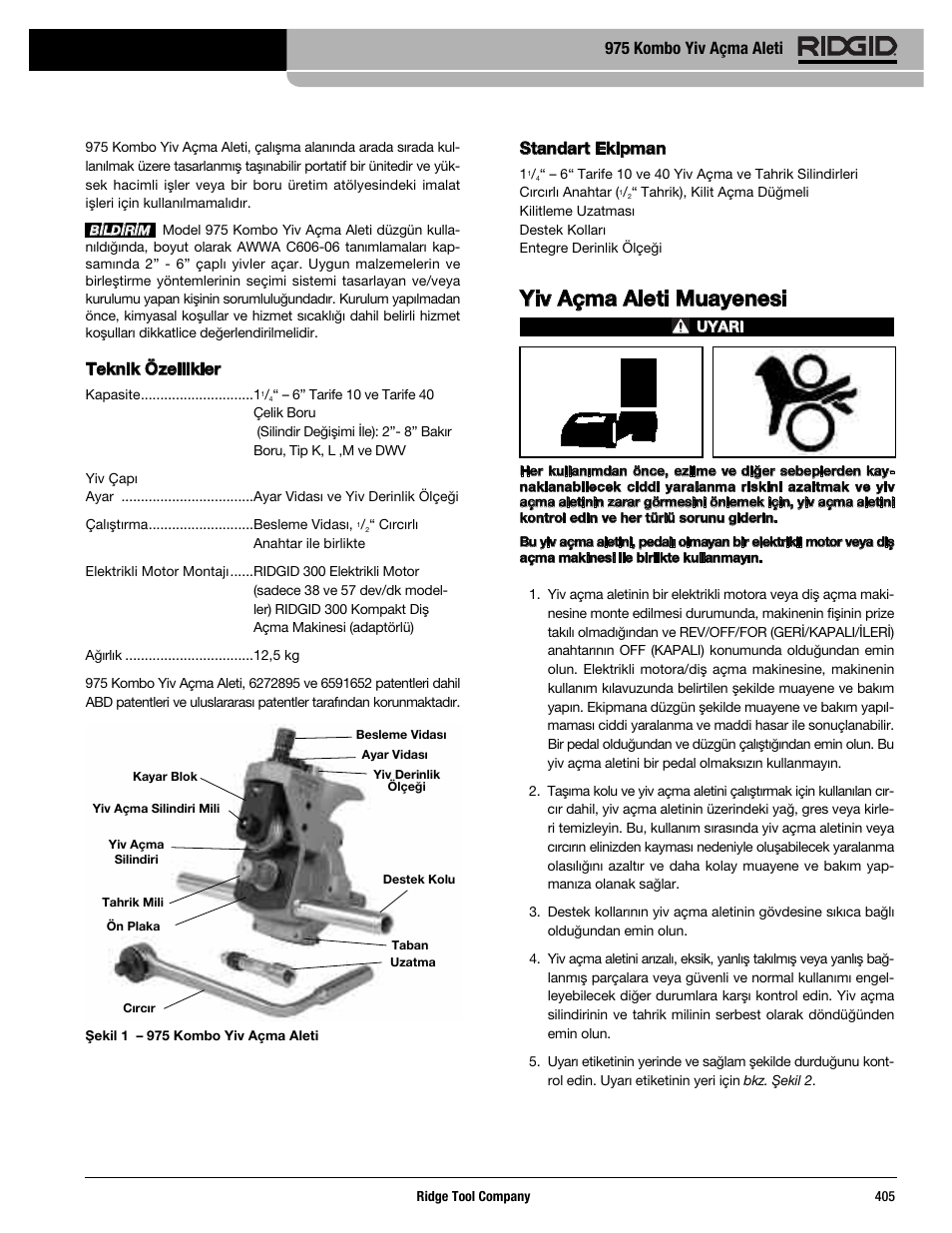Yiv açma aleti muayenesi, Teknik özellikler, Standart ekipman | 975 kombo yiv açma aleti | RIDGID Combo Roll Groover User Manual | Page 407 / 490