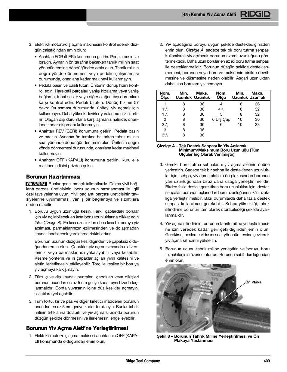 Borunun hazırlanması, Borunun yiv açma aleti’ne yerleştirilmesi, 975 kombo yiv açma aleti | RIDGID Combo Roll Groover User Manual | Page 411 / 490