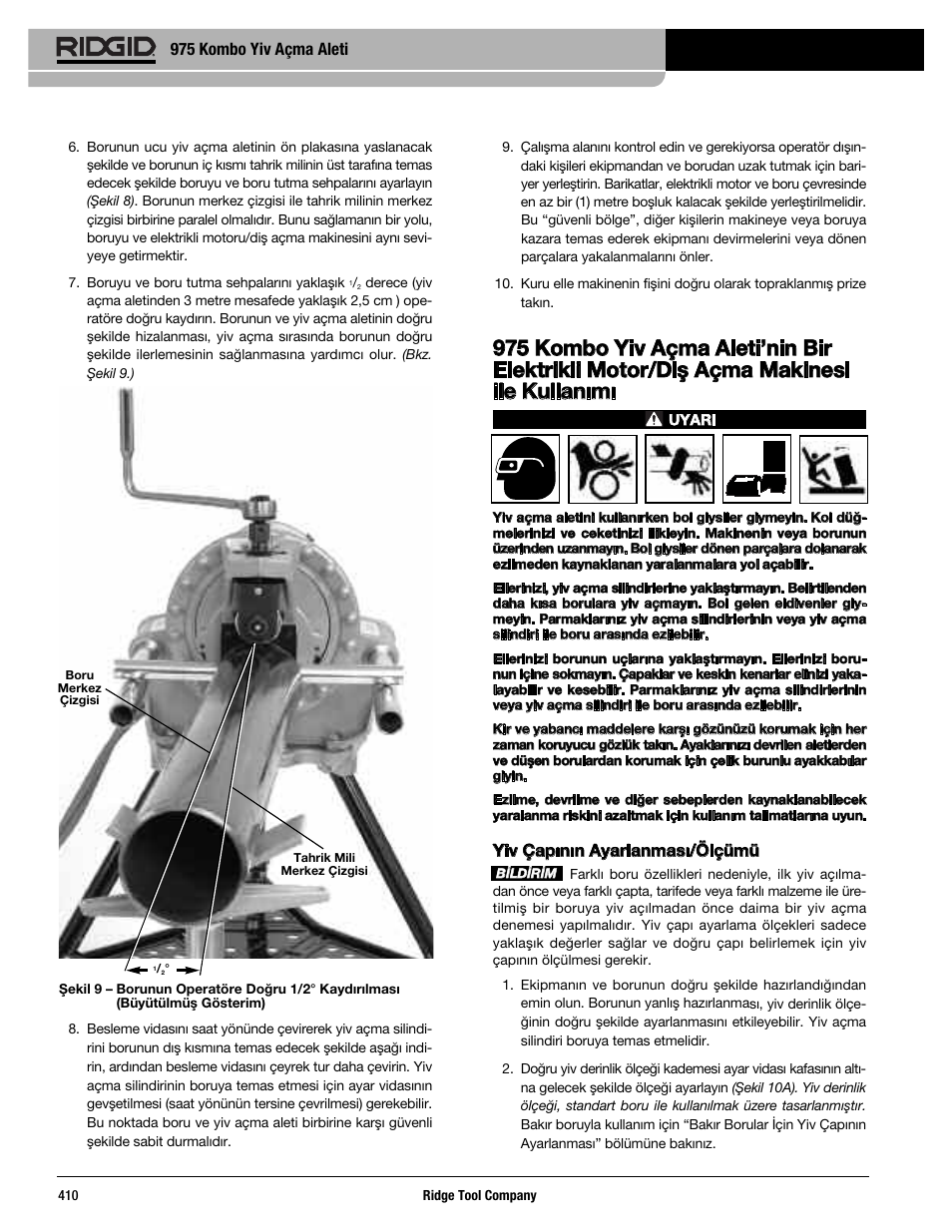 975 kombo yiv açma aleti, Yiv çapının ayarlanması/ölçümü | RIDGID Combo Roll Groover User Manual | Page 412 / 490