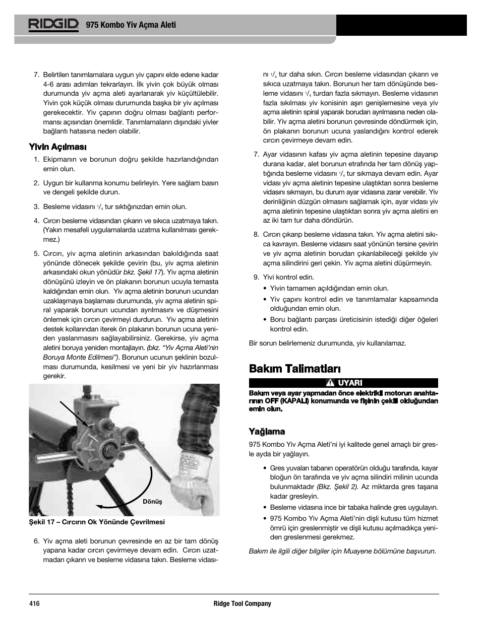 Bakım talimatları, 975 kombo yiv açma aleti, Yivin açılması | Yağlama | RIDGID Combo Roll Groover User Manual | Page 418 / 490
