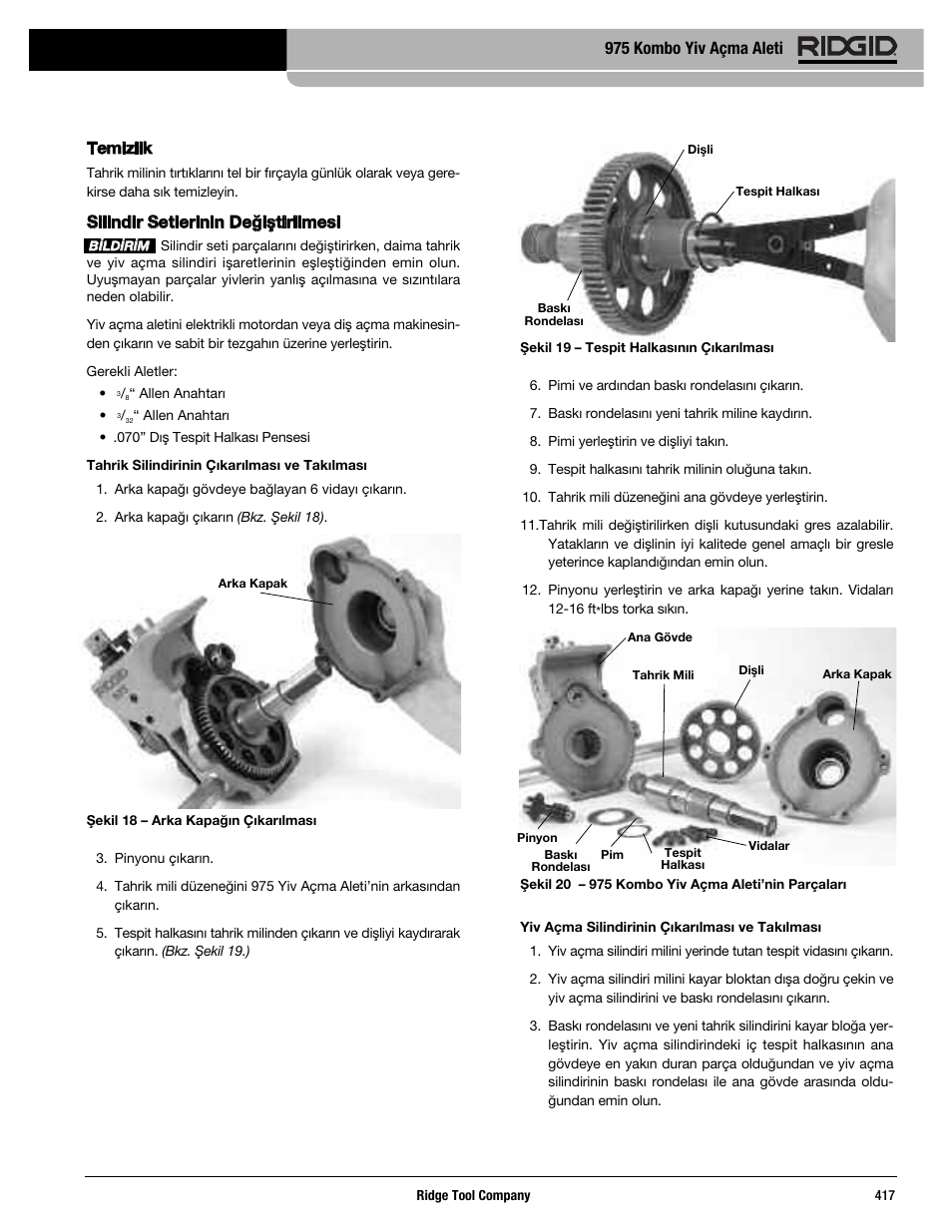 Temizlik, Silindir setlerinin değiştirilmesi, 975 kombo yiv açma aleti | RIDGID Combo Roll Groover User Manual | Page 419 / 490