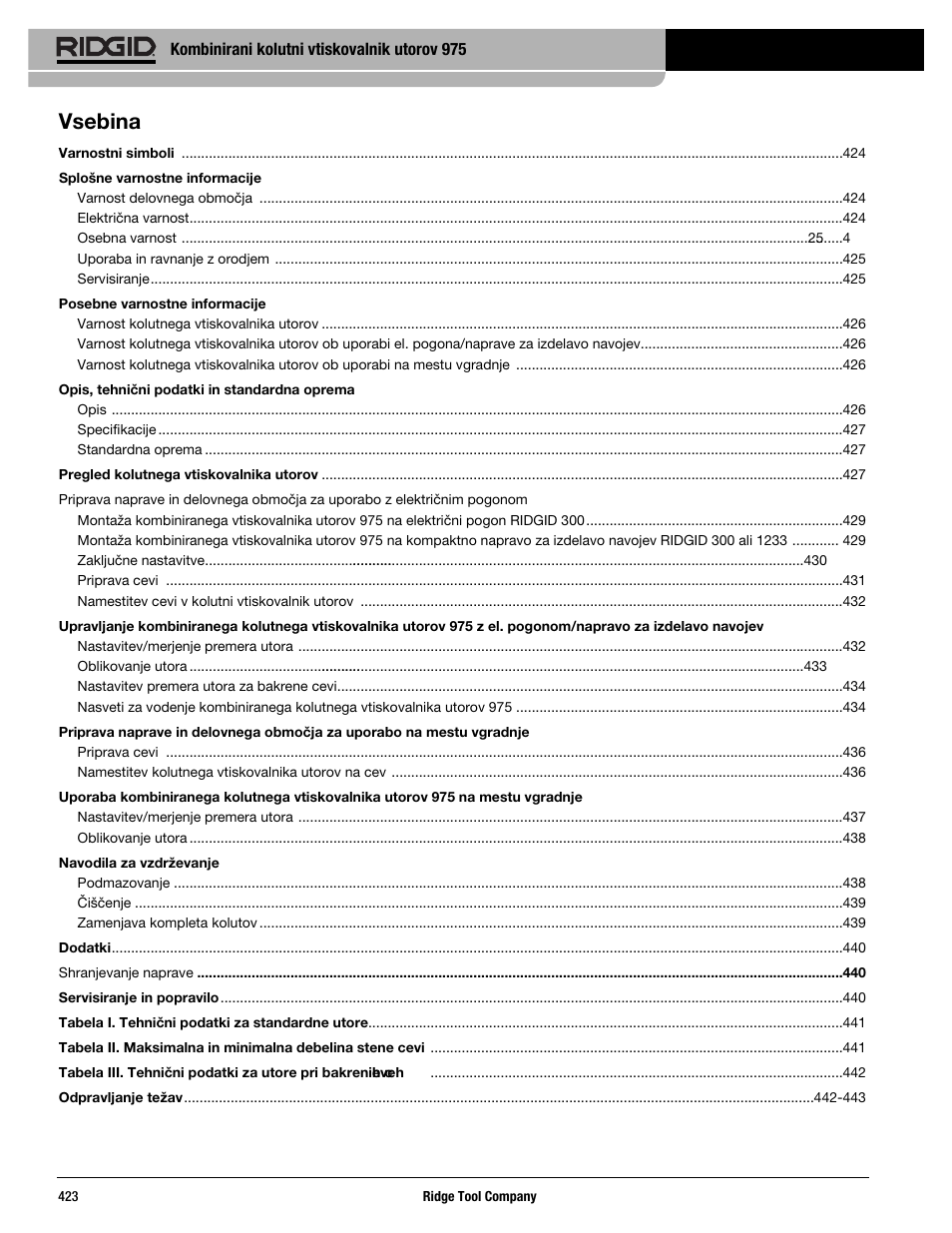 Vsebina | RIDGID Combo Roll Groover User Manual | Page 425 / 490