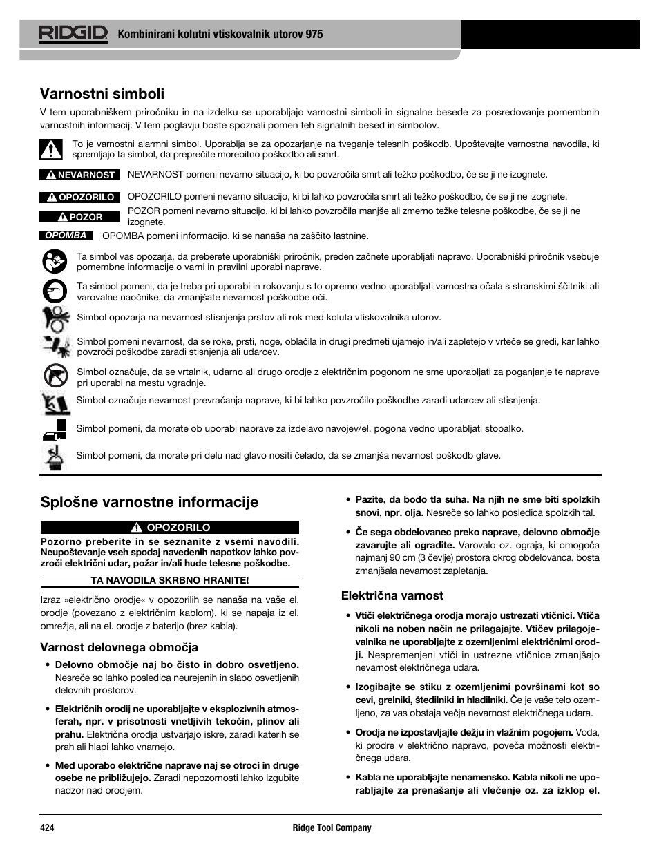 Splošne varnostne informacije, Varnostni simboli | RIDGID Combo Roll Groover User Manual | Page 426 / 490