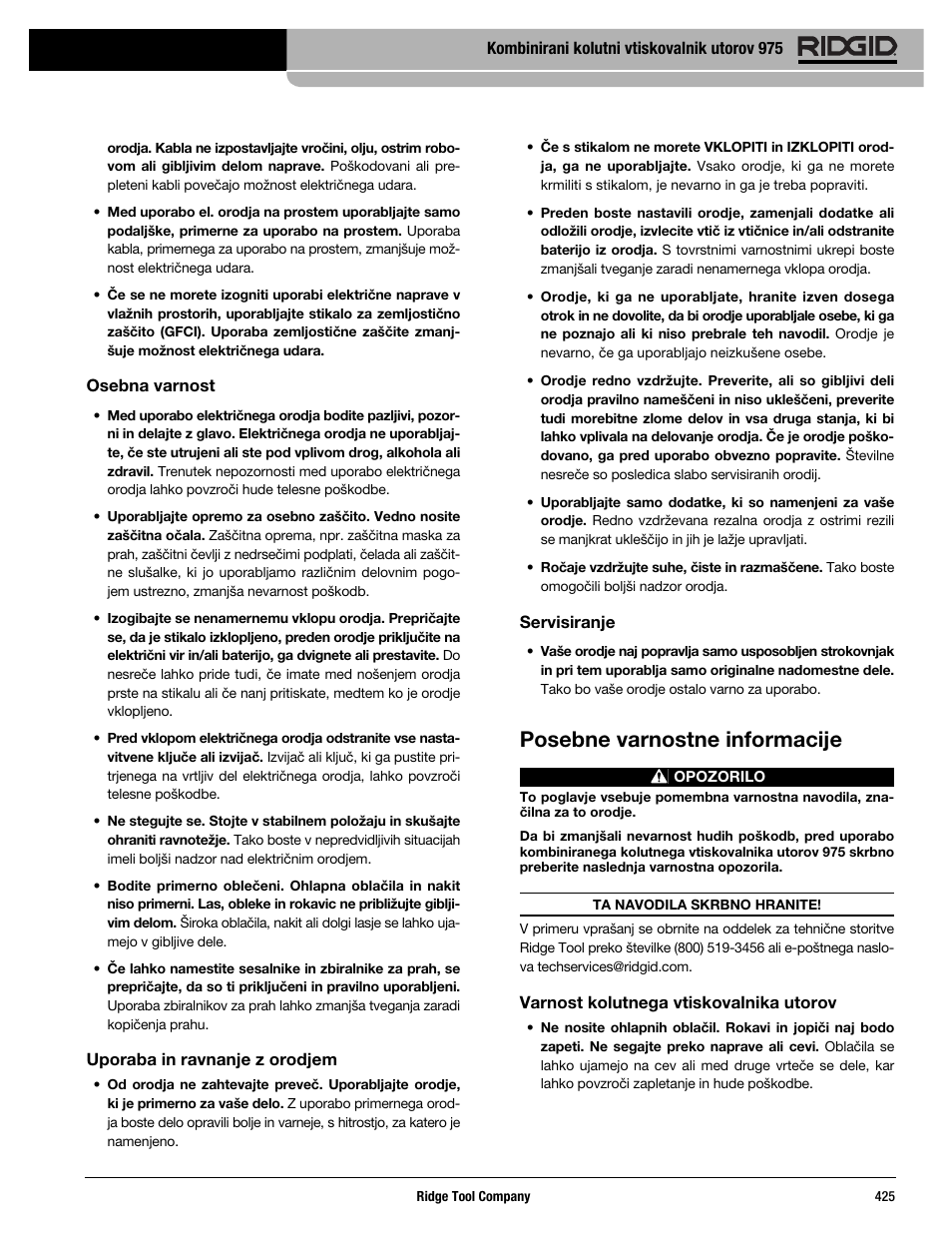 Posebne varnostne informacije | RIDGID Combo Roll Groover User Manual | Page 427 / 490