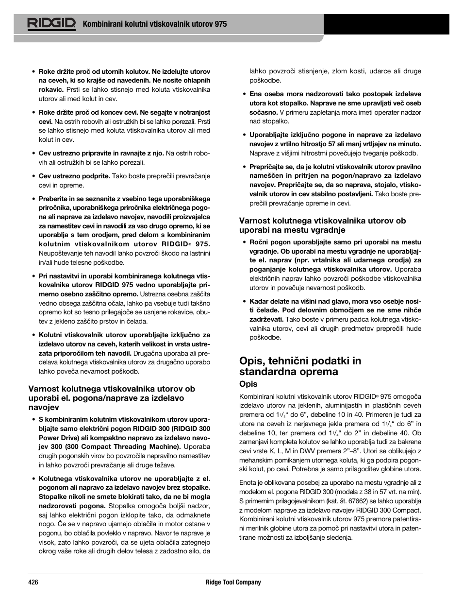 Opis, tehnični podatki in standardna oprema | RIDGID Combo Roll Groover User Manual | Page 428 / 490