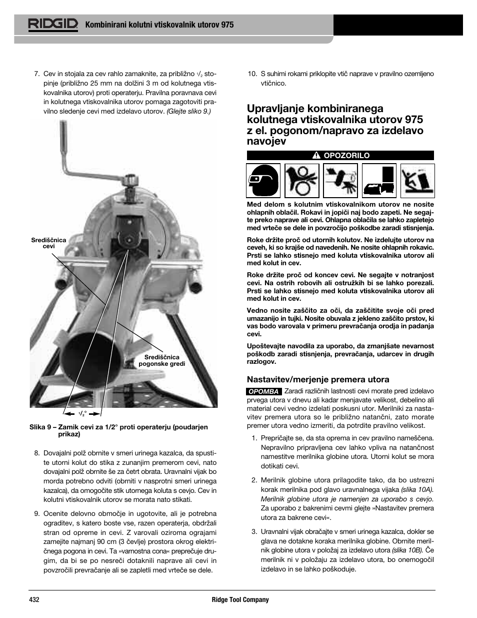 Kombinirani kolutni vtiskovalnik utorov 975, Nastavitev/merjenje premera utora | RIDGID Combo Roll Groover User Manual | Page 434 / 490