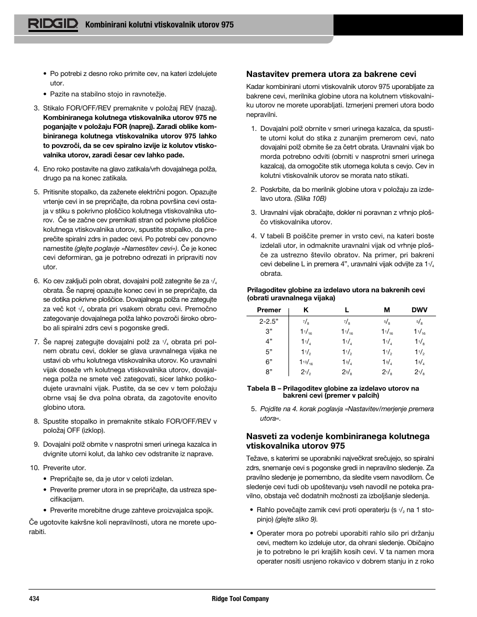 Nastavitev premera utora za bakrene cevi, Kombinirani kolutni vtiskovalnik utorov 975 | RIDGID Combo Roll Groover User Manual | Page 436 / 490