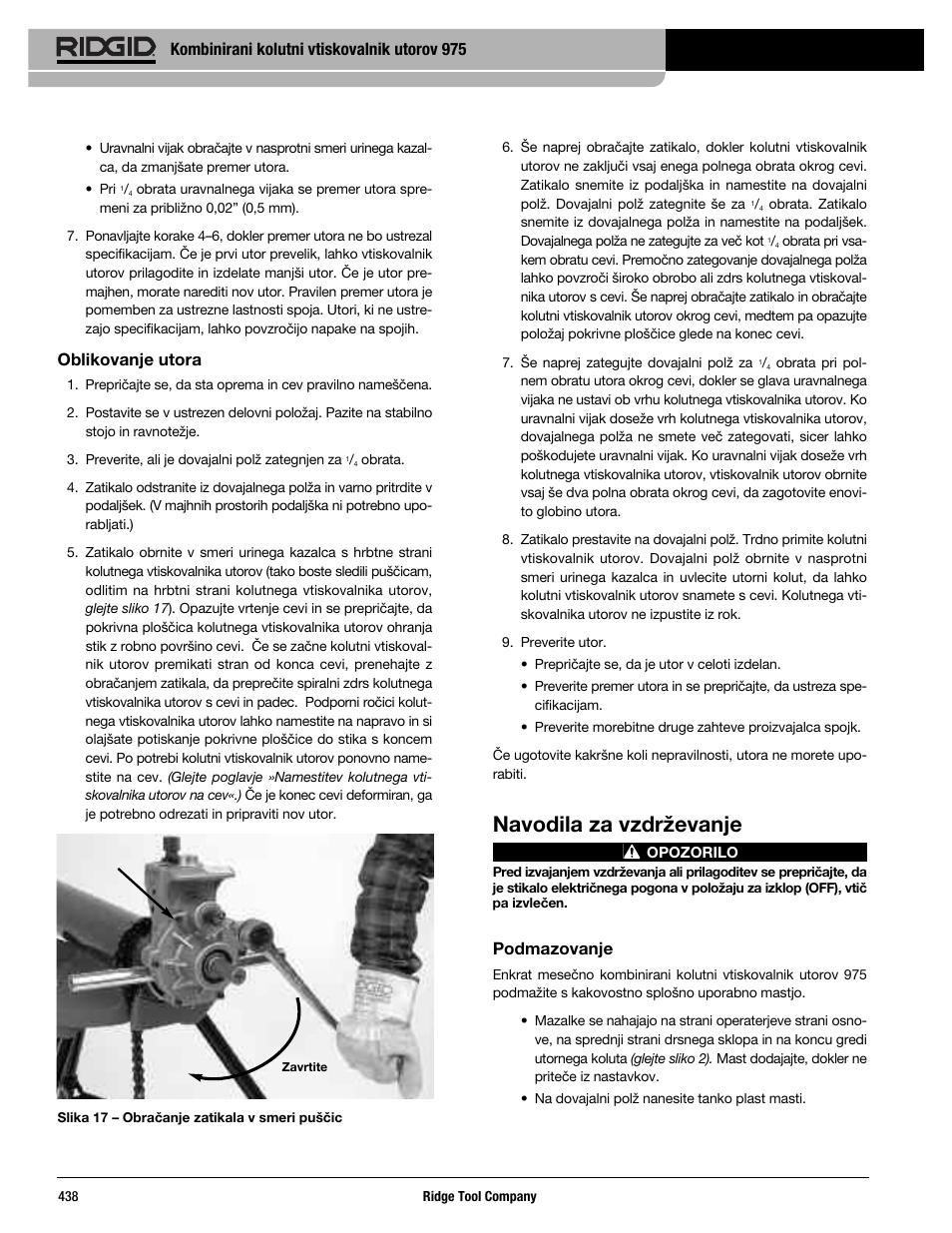 Navodila za vzdrževanje, Kombinirani kolutni vtiskovalnik utorov 975, Oblikovanje utora | Podmazovanje | RIDGID Combo Roll Groover User Manual | Page 440 / 490