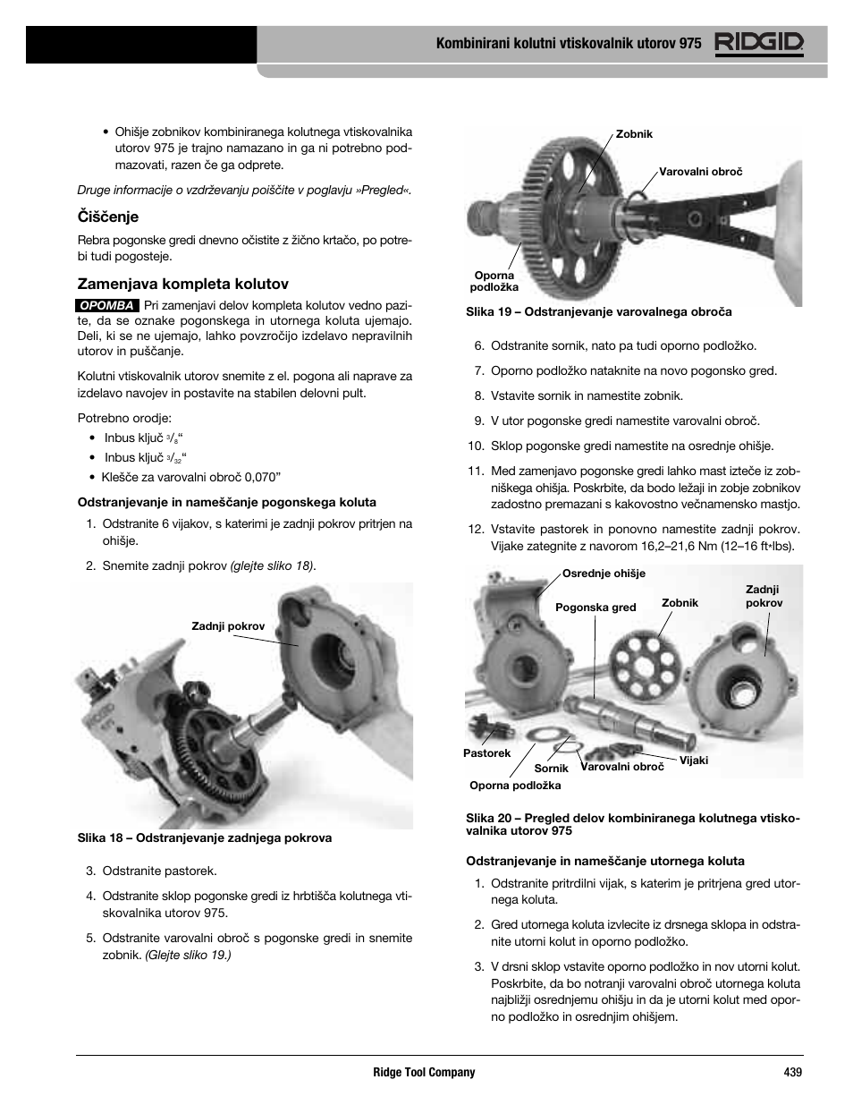 Čiščenje, Zamenjava kompleta kolutov, Kombinirani kolutni vtiskovalnik utorov 975 | RIDGID Combo Roll Groover User Manual | Page 441 / 490