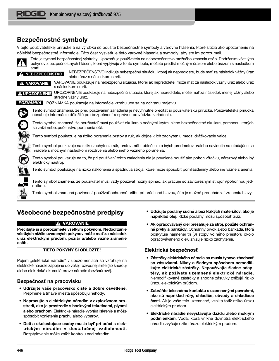 Všeobecné bezpečnostné predpisy, Bezpečnostné symboly | RIDGID Combo Roll Groover User Manual | Page 448 / 490