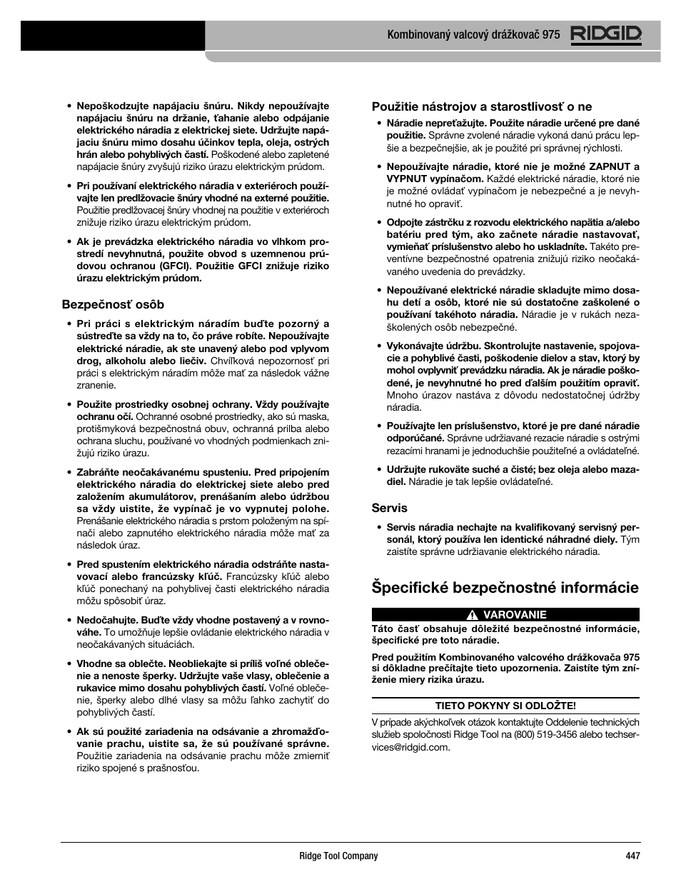 Špecifické bezpečnostné informácie | RIDGID Combo Roll Groover User Manual | Page 449 / 490