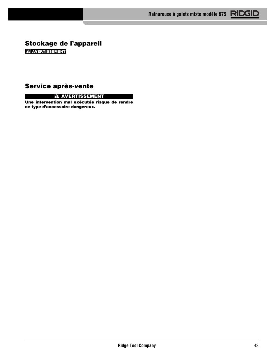 Stockage de l’appareil, Service après-vente | RIDGID Combo Roll Groover User Manual | Page 45 / 490