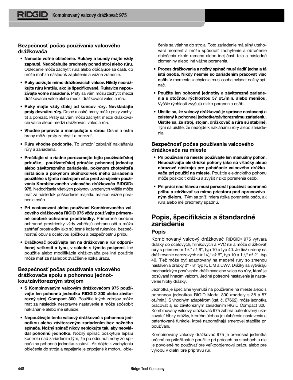 Popis, špecifikácia a štandardné zariadenie | RIDGID Combo Roll Groover User Manual | Page 450 / 490