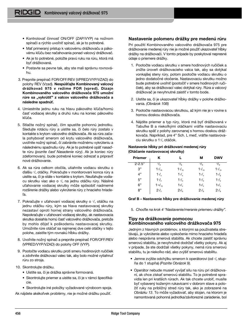 Nastavenie polomeru drážky pre medenú rúru, Kombinovaný valcový drážkovač 975 | RIDGID Combo Roll Groover User Manual | Page 458 / 490