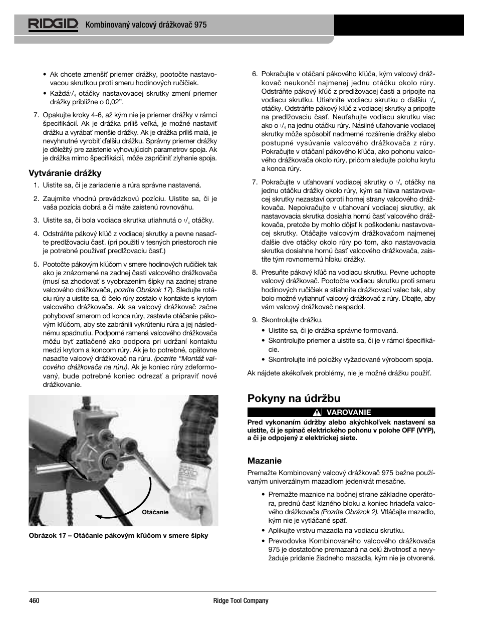 Pokyny na údržbu, Kombinovaný valcový drážkovač 975, Vytváranie drážky | Mazanie | RIDGID Combo Roll Groover User Manual | Page 462 / 490