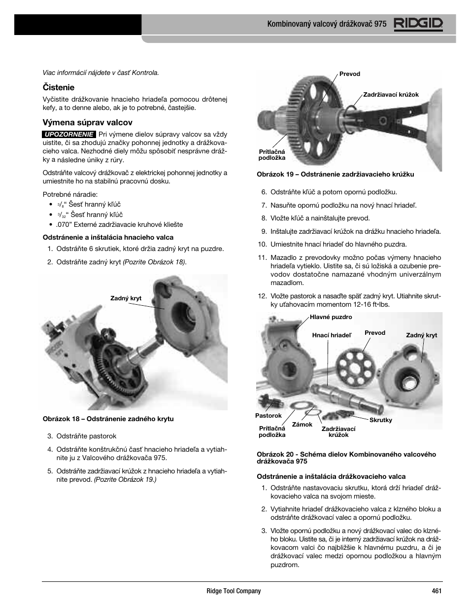 Čistenie, Výmena súprav valcov, Kombinovaný valcový drážkovač 975 | RIDGID Combo Roll Groover User Manual | Page 463 / 490
