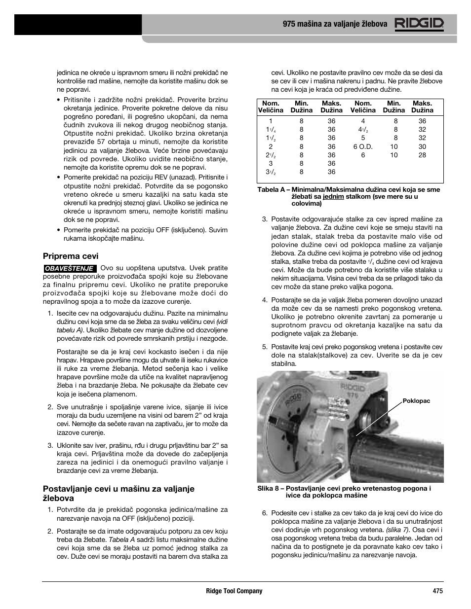 Priprema cevi, Postavljanje cevi u mašinu za valjanje žlebova, 975 mašina za valjanje žlebova | RIDGID Combo Roll Groover User Manual | Page 477 / 490