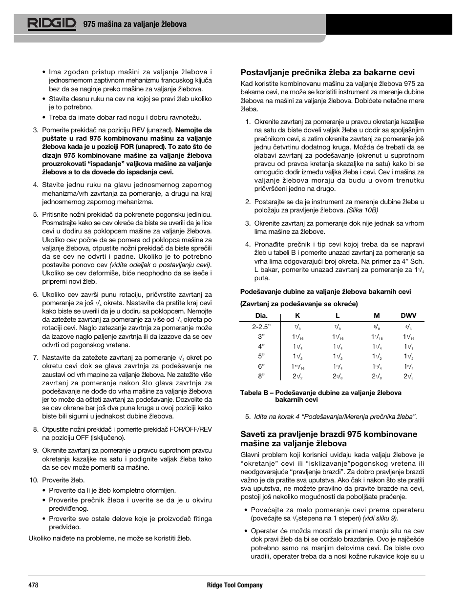 Postavljanje prečnika žleba za bakarne cevi, 975 mašina za valjanje žlebova | RIDGID Combo Roll Groover User Manual | Page 480 / 490