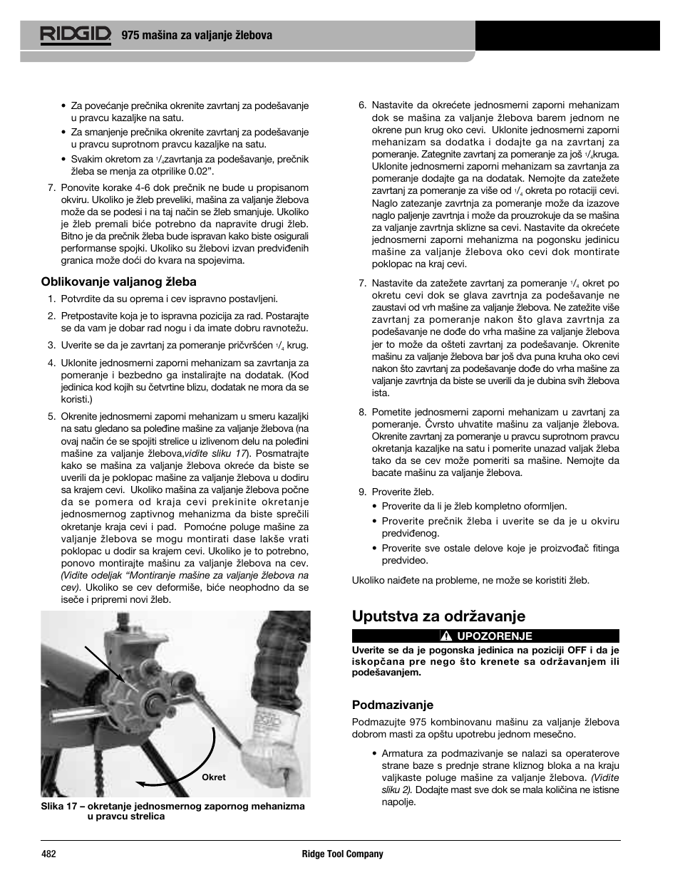 Uputstva za održavanje, 975 mašina za valjanje žlebova, Oblikovanje valjanog žleba | Podmazivanje | RIDGID Combo Roll Groover User Manual | Page 484 / 490