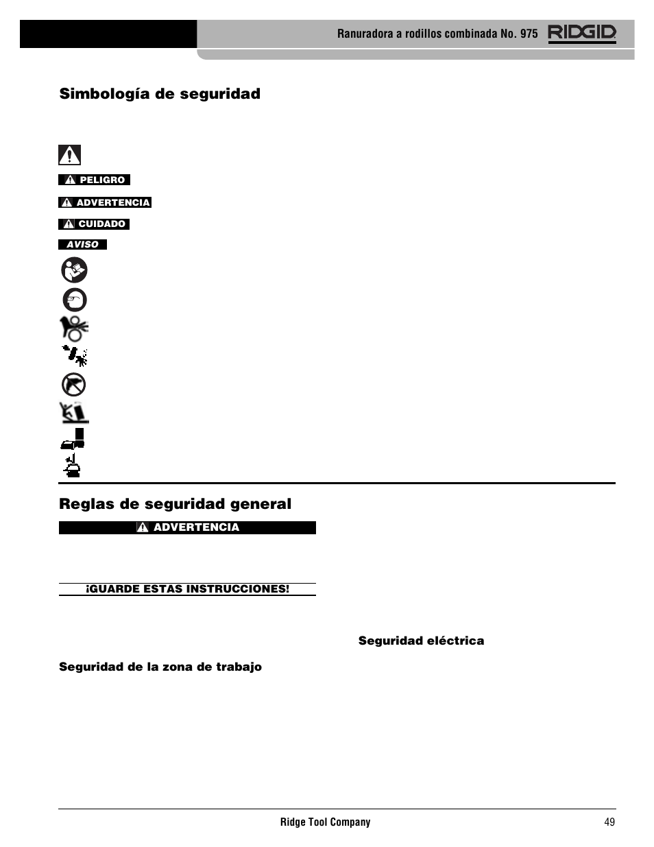 Reglas de seguridad general, Simbología de seguridad | RIDGID Combo Roll Groover User Manual | Page 51 / 490