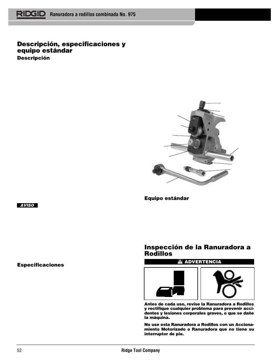 Descripción, especificaciones y equipo estándar, Inspección de la ranuradora a rodillos, Ranuradora a rodillos combinada no. 975 | Descripción, Especificaciones, Equipo estándar | RIDGID Combo Roll Groover User Manual | Page 54 / 490