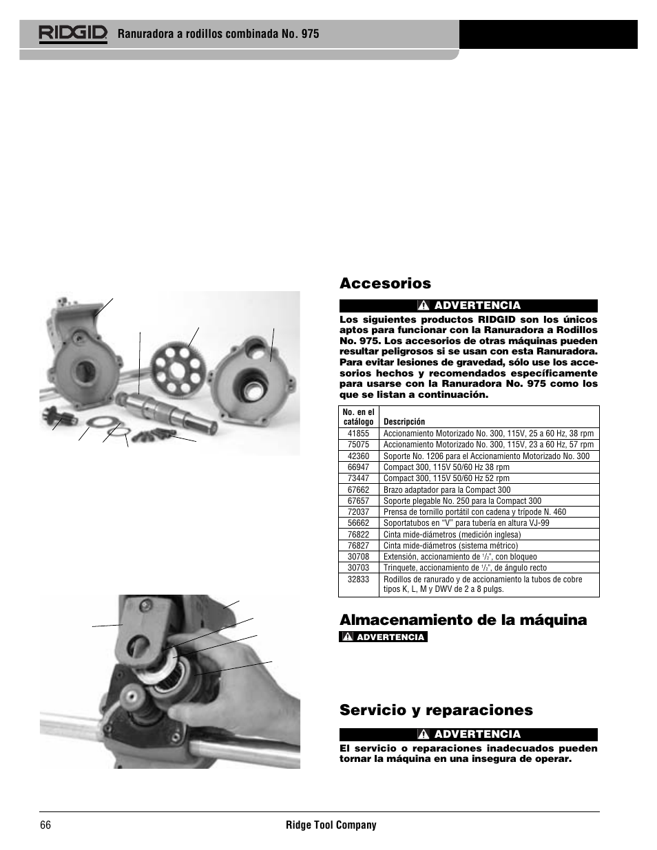 Accesorios, Almacenamiento de la máquina, Servicio y reparaciones | Ranuradora a rodillos combinada no. 975 | RIDGID Combo Roll Groover User Manual | Page 68 / 490