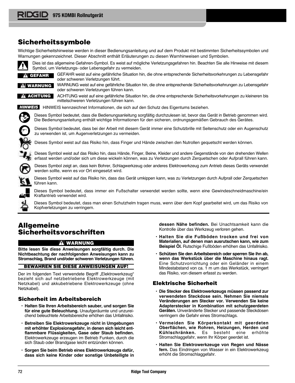 Allgemeine sicherheitsvorschriften, Sicherheitssymbole | RIDGID Combo Roll Groover User Manual | Page 74 / 490