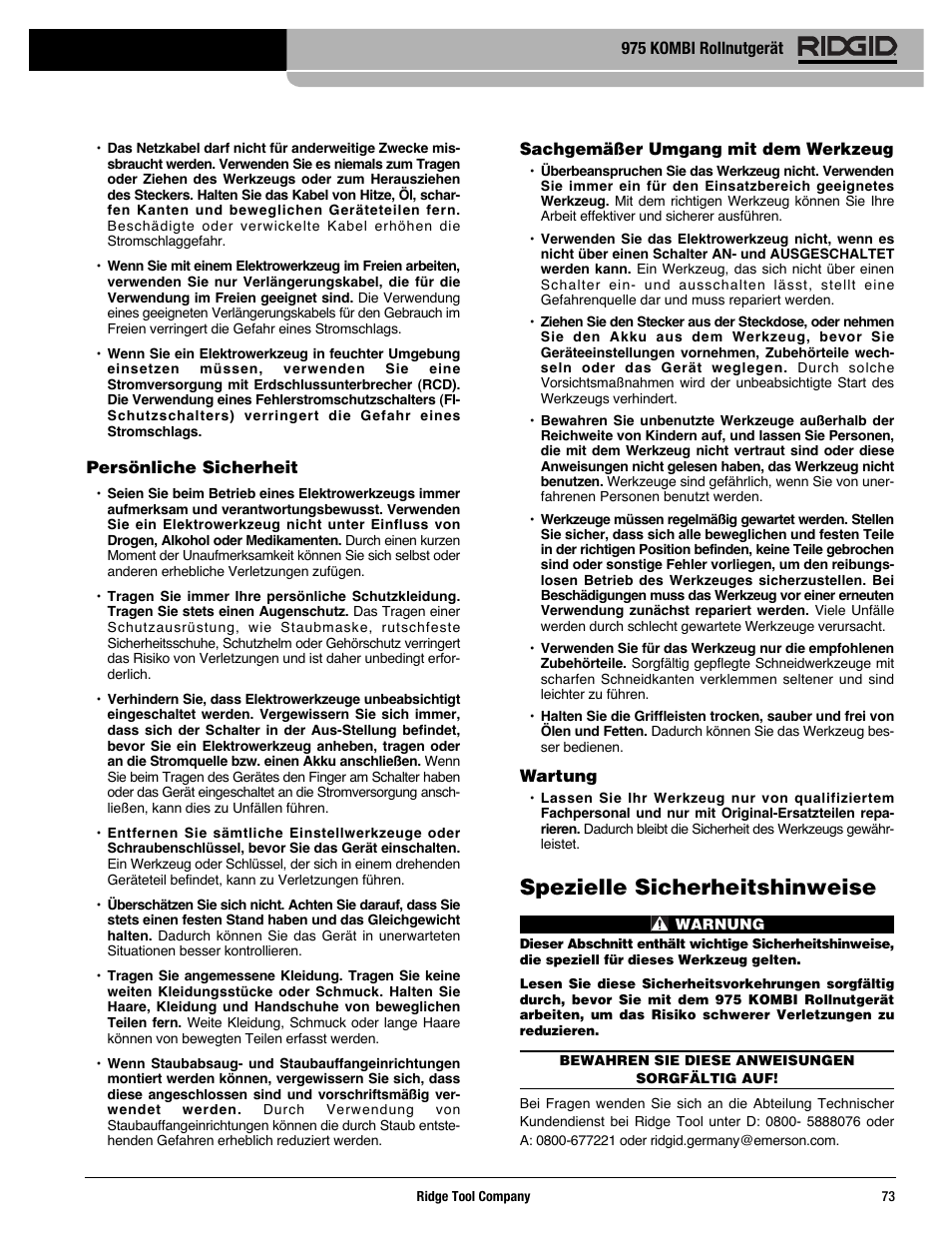 Spezielle sicherheitshinweise | RIDGID Combo Roll Groover User Manual | Page 75 / 490