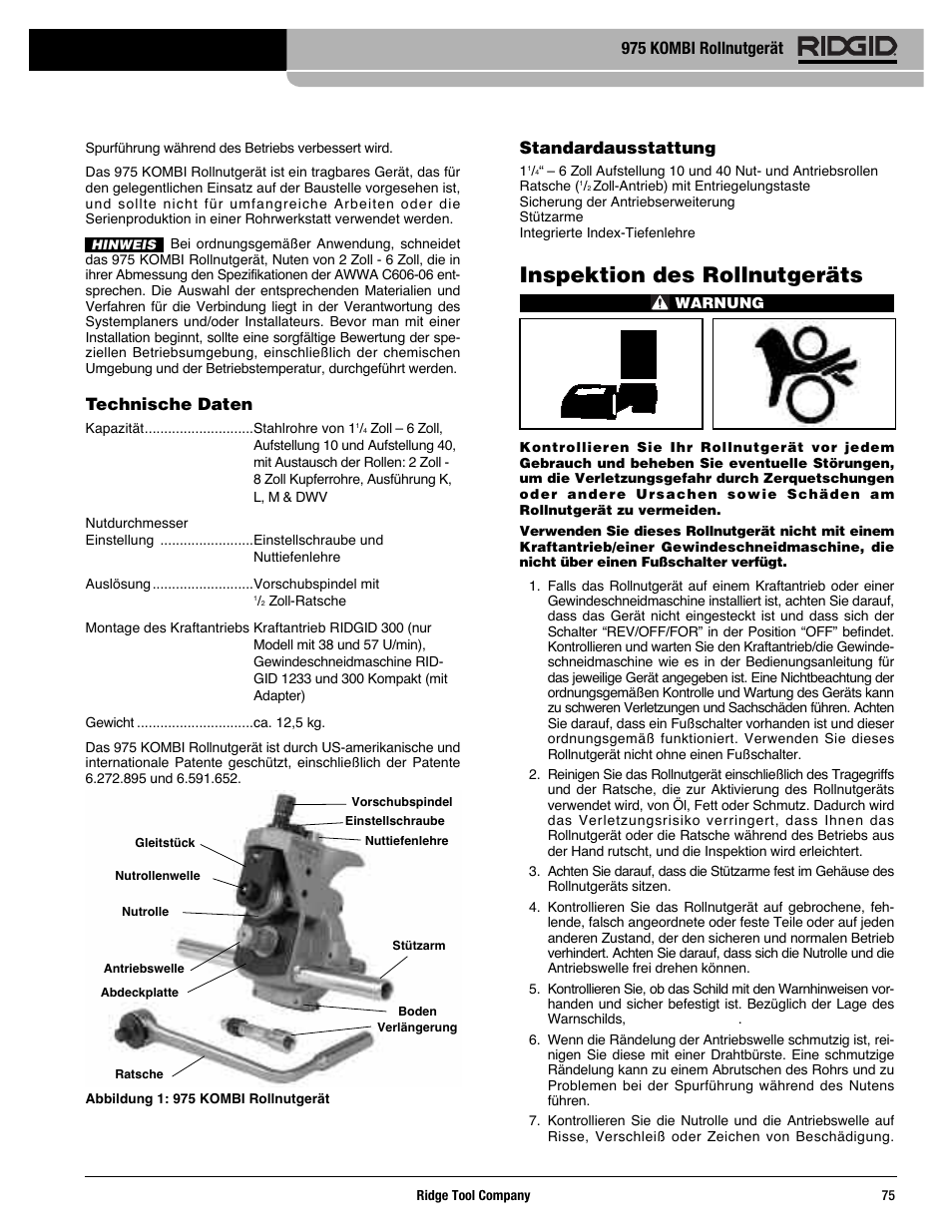 Inspektion des rollnutgeräts, Technische daten, Standardausstattung | 975 kombi rollnutgerät | RIDGID Combo Roll Groover User Manual | Page 77 / 490