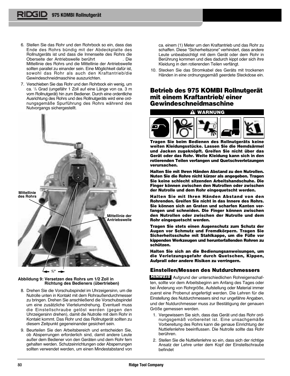 975 kombi rollnutgerät, Einstellen/messen des nutdurchmessers | RIDGID Combo Roll Groover User Manual | Page 82 / 490