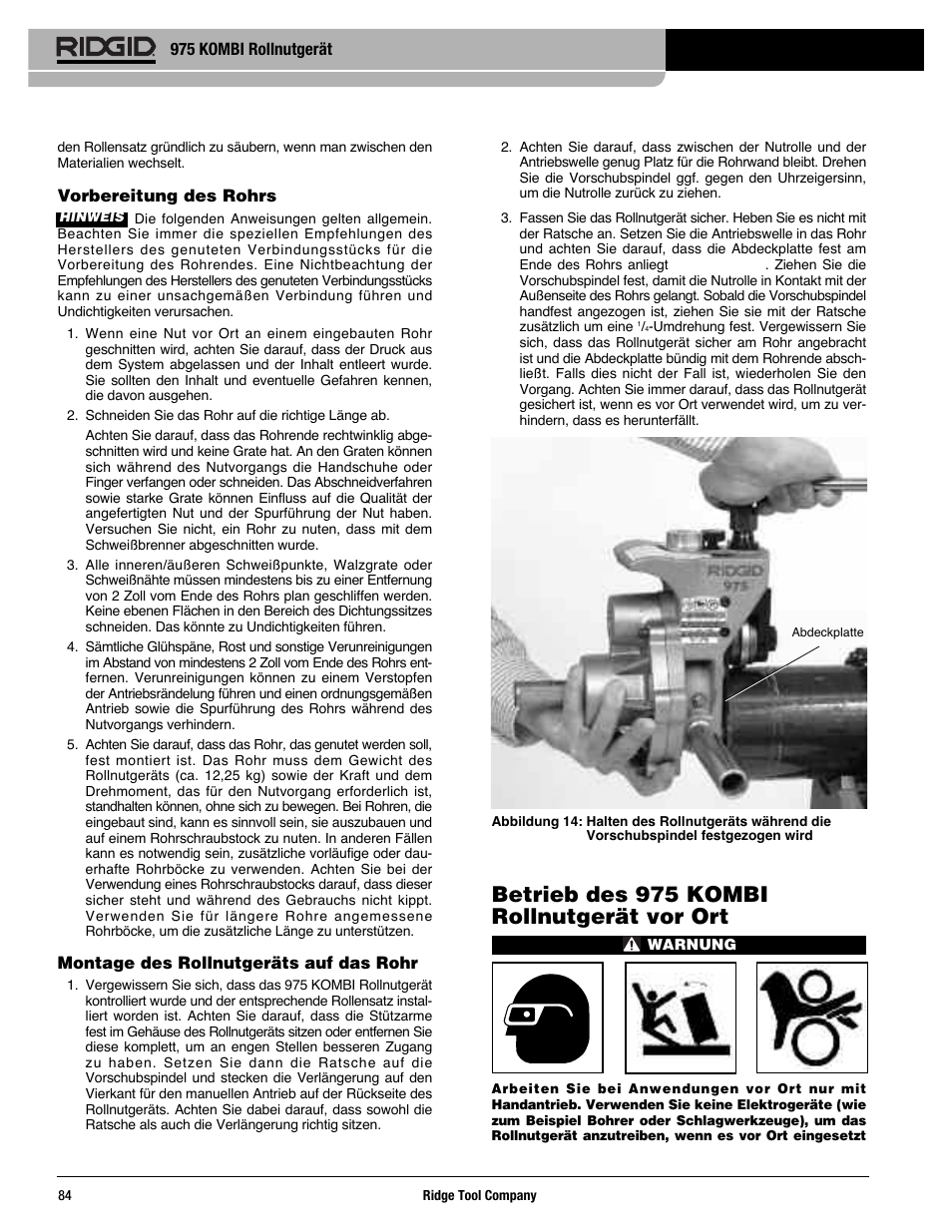 Betrieb des 975 kombi rollnutgerät vor ort | RIDGID Combo Roll Groover User Manual | Page 86 / 490