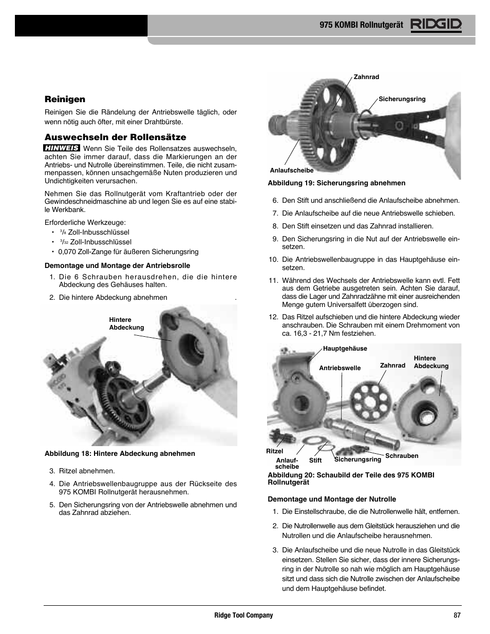 Reinigen, Auswechseln der rollensätze, 975 kombi rollnutgerät | RIDGID Combo Roll Groover User Manual | Page 89 / 490