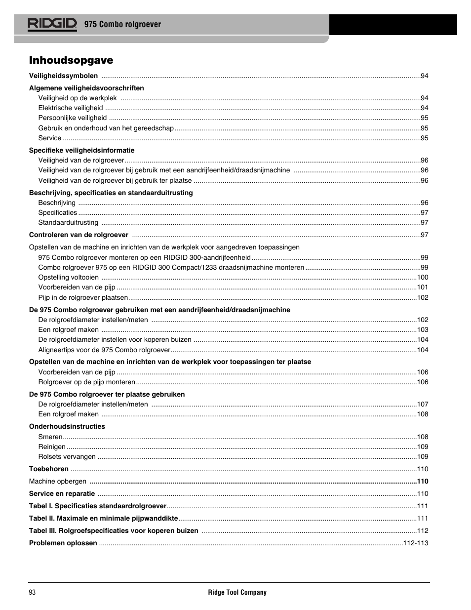 Inhoudsopgave | RIDGID Combo Roll Groover User Manual | Page 95 / 490