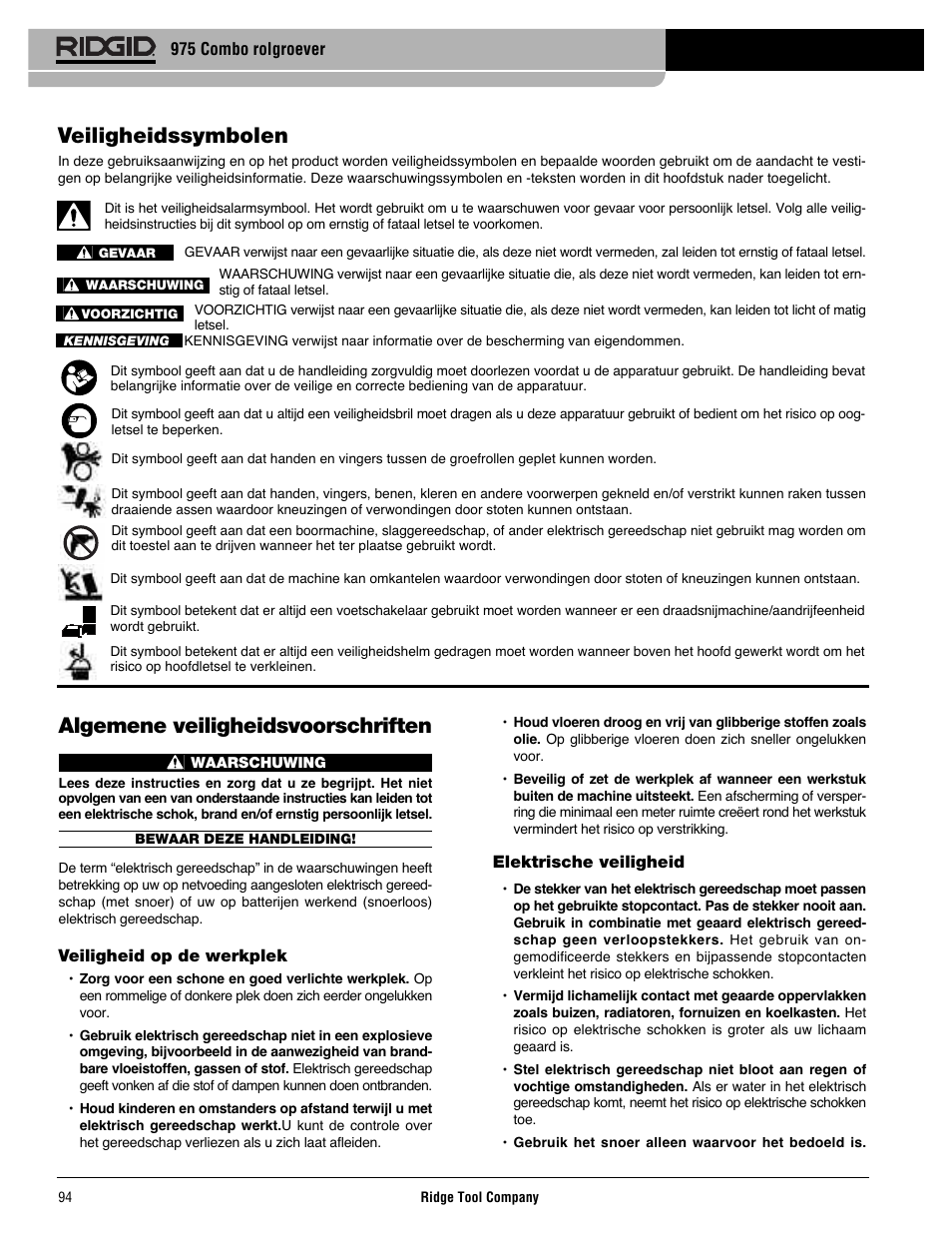 Algemene veiligheidsvoorschriften, Veiligheidssymbolen | RIDGID Combo Roll Groover User Manual | Page 96 / 490