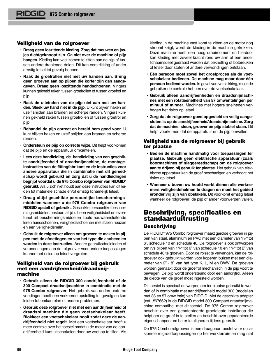 Beschrijving, specificaties en standaarduitrusting | RIDGID Combo Roll Groover User Manual | Page 98 / 490