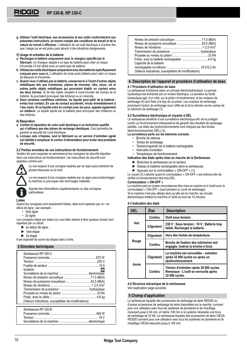 Ridge tool company 10, 3 données techniques, Del état description | 5 champ d’application | RIDGID RP 330-C User Manual | Page 11 / 82