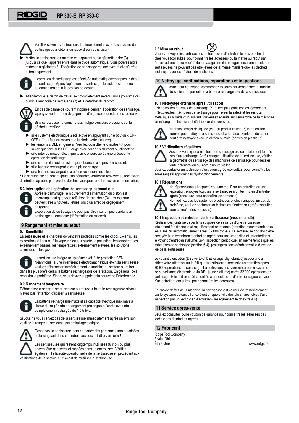 Ridge tool company 12, 9 rangement et mise au rebut, 11 service après-vente | 12 fabricant | RIDGID RP 330-C User Manual | Page 13 / 82