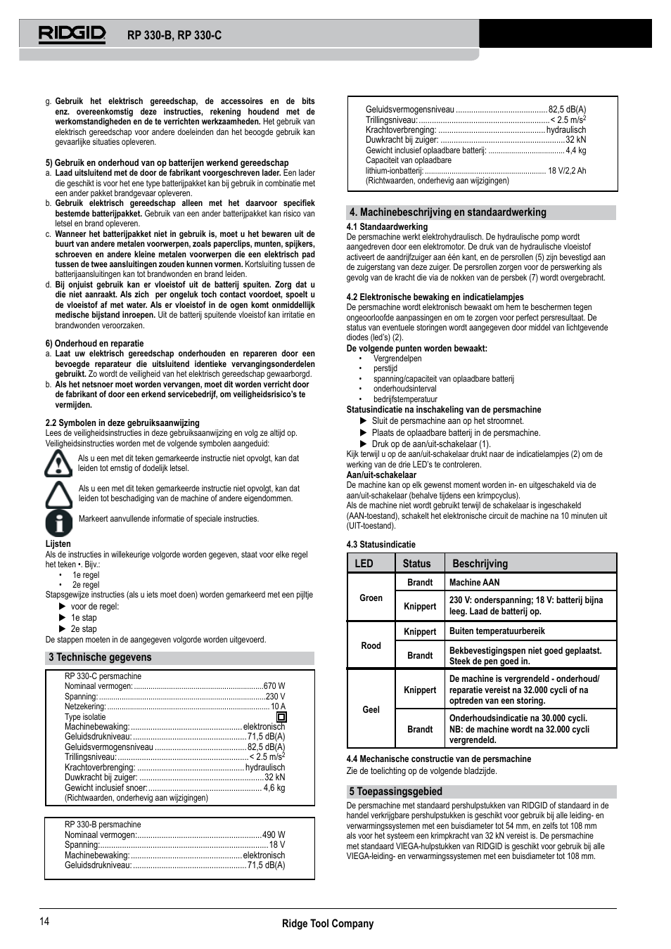 Ridge tool company 14, 3 technische gegevens, Machinebeschrijving en standaardwerking | Led status beschrijving, 5 toepassingsgebied | RIDGID RP 330-C User Manual | Page 15 / 82