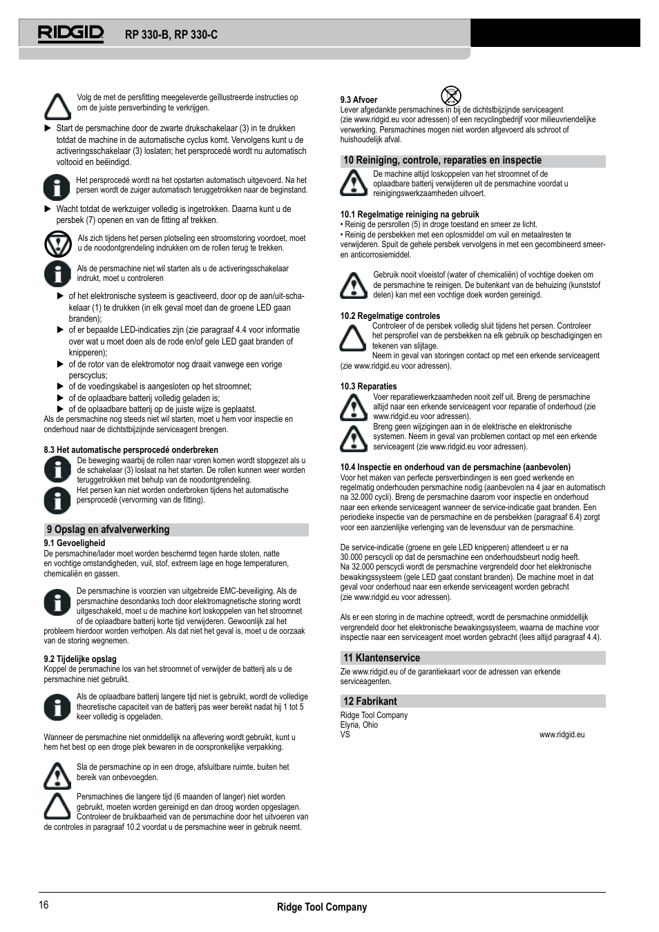 Ridge tool company 16, 9 opslag en afvalverwerking, 10 reiniging, controle, reparaties en inspectie | 11 klantenservice, 12 fabrikant | RIDGID RP 330-C User Manual | Page 17 / 82
