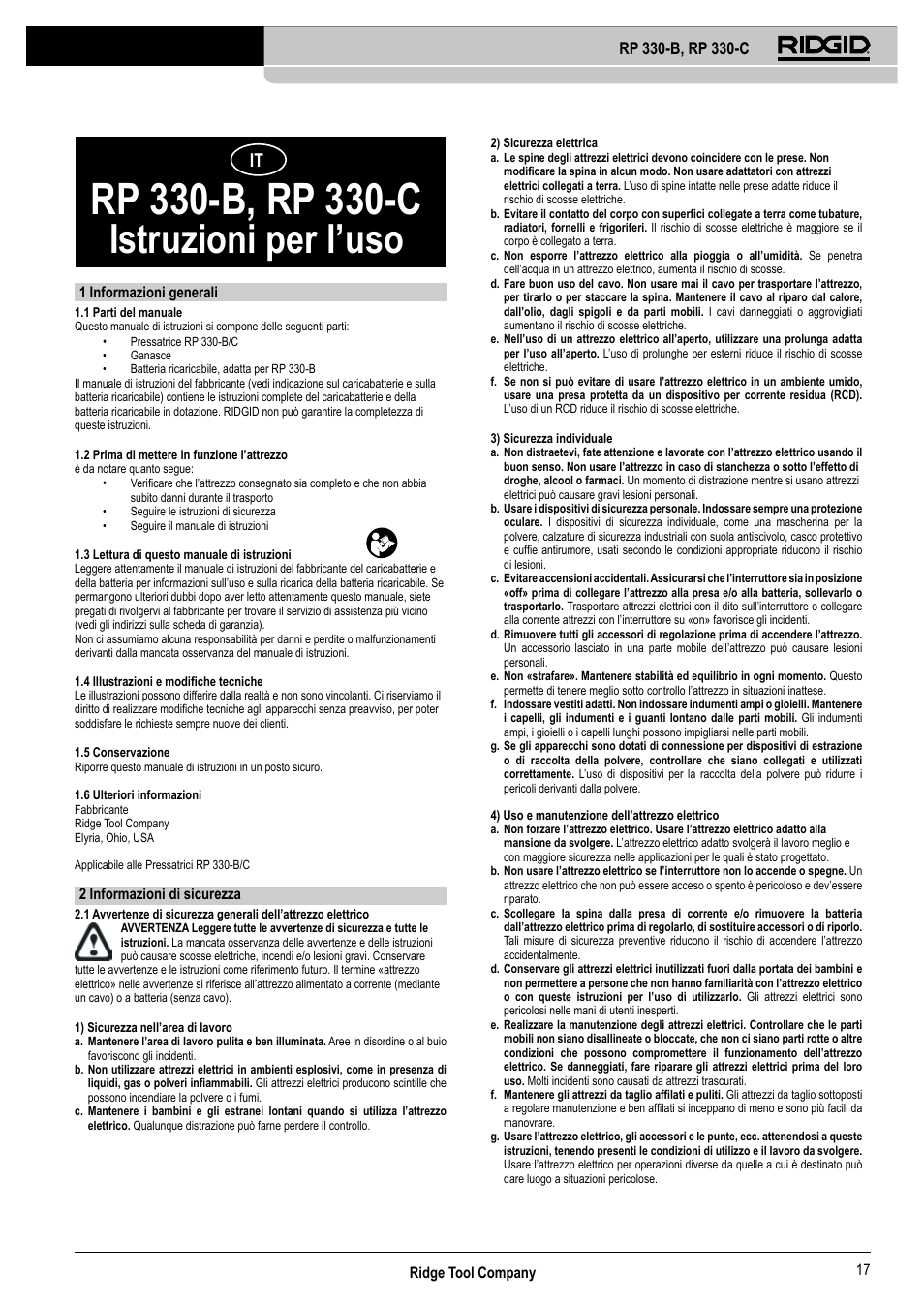 Istruzioni per l’uso, Ridge tool company 17, 1 informazioni generali | 2 informazioni di sicurezza | RIDGID RP 330-C User Manual | Page 18 / 82