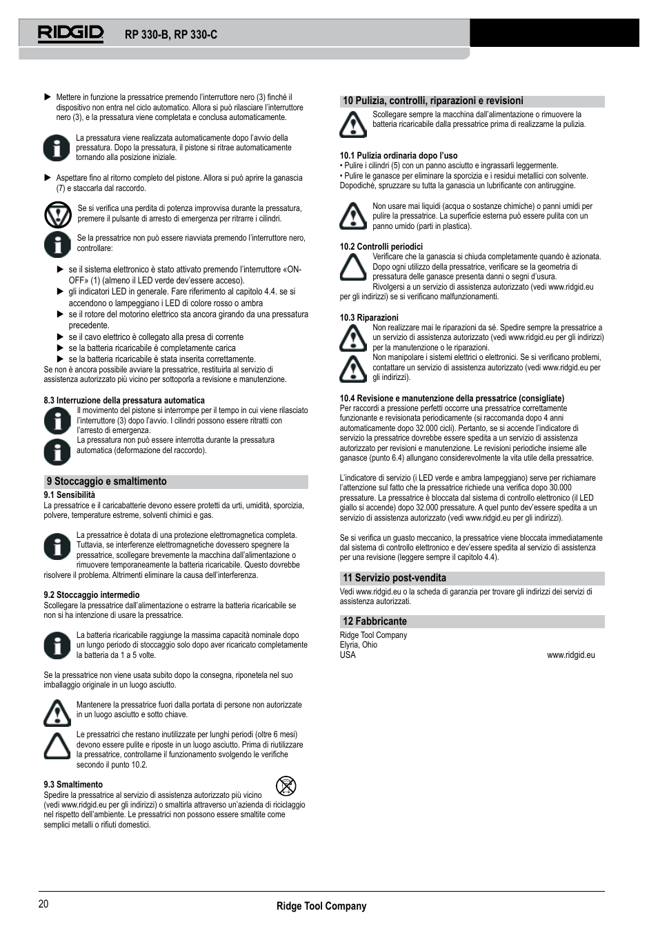 Ridge tool company 20, 9 stoccaggio e smaltimento, 10 pulizia, controlli, riparazioni e revisioni | 11 servizio post-vendita, 12 fabbricante | RIDGID RP 330-C User Manual | Page 21 / 82