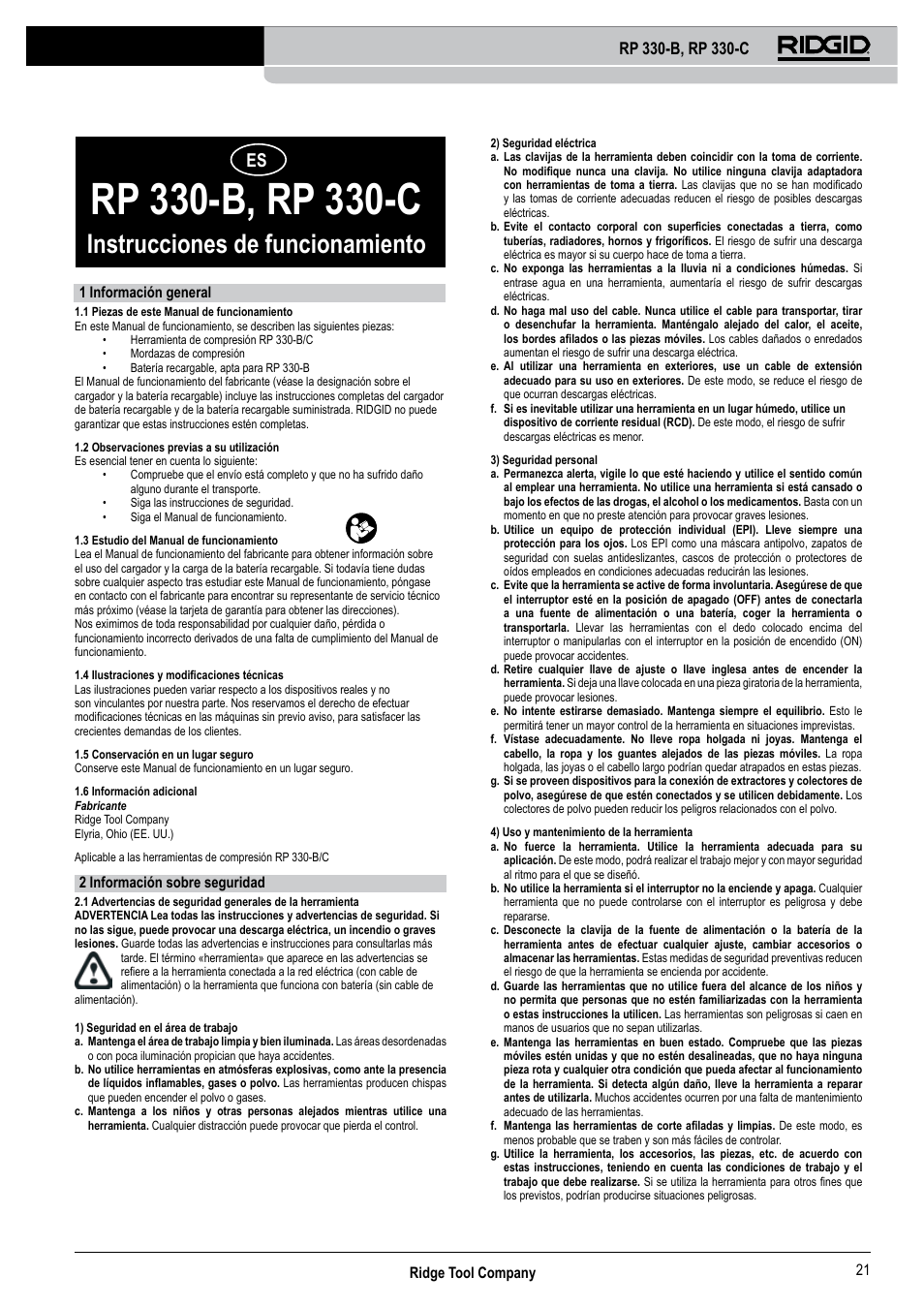 Instrucciones de funcionamiento, Ridge tool company 21, 1 información general | 2 información sobre seguridad | RIDGID RP 330-C User Manual | Page 22 / 82