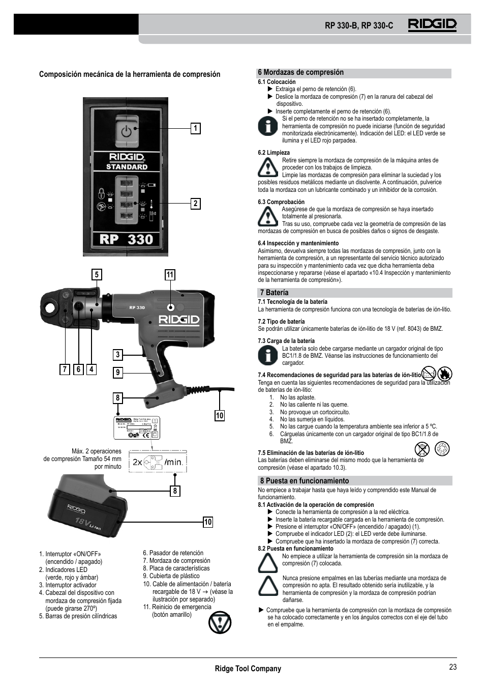 Ridge tool company 23, 6 mordazas de compresión, 7 batería | 8 puesta en funcionamiento | RIDGID RP 330-C User Manual | Page 24 / 82