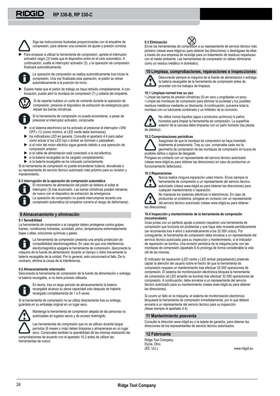 Ridge tool company 24, 9 almacenamiento y eliminación, 11 mantenimiento posventa | 12 fabricante | RIDGID RP 330-C User Manual | Page 25 / 82