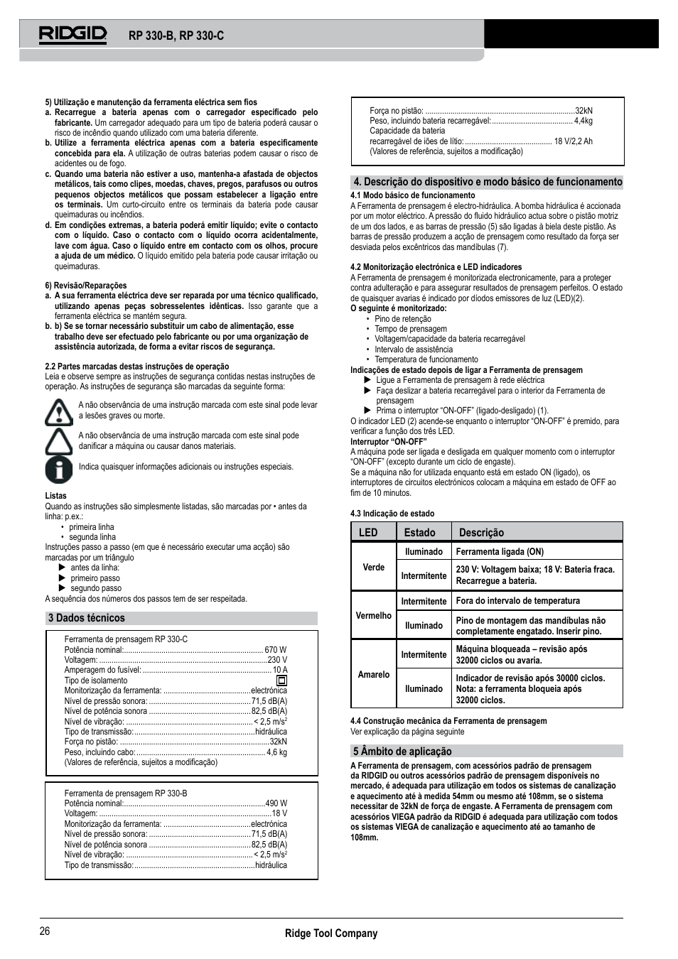 Ridge tool company 26, 3 dados técnicos, Led estado descrição | 5 âmbito de aplicação | RIDGID RP 330-C User Manual | Page 27 / 82