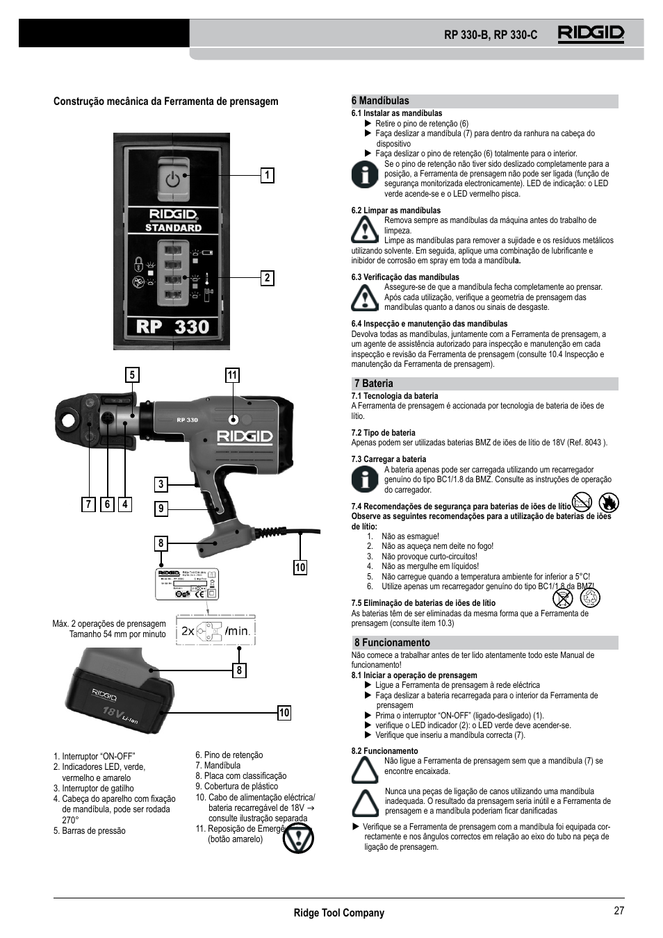 Ridge tool company 27, 6 mandíbulas, 7 bateria | 8 funcionamento | RIDGID RP 330-C User Manual | Page 28 / 82