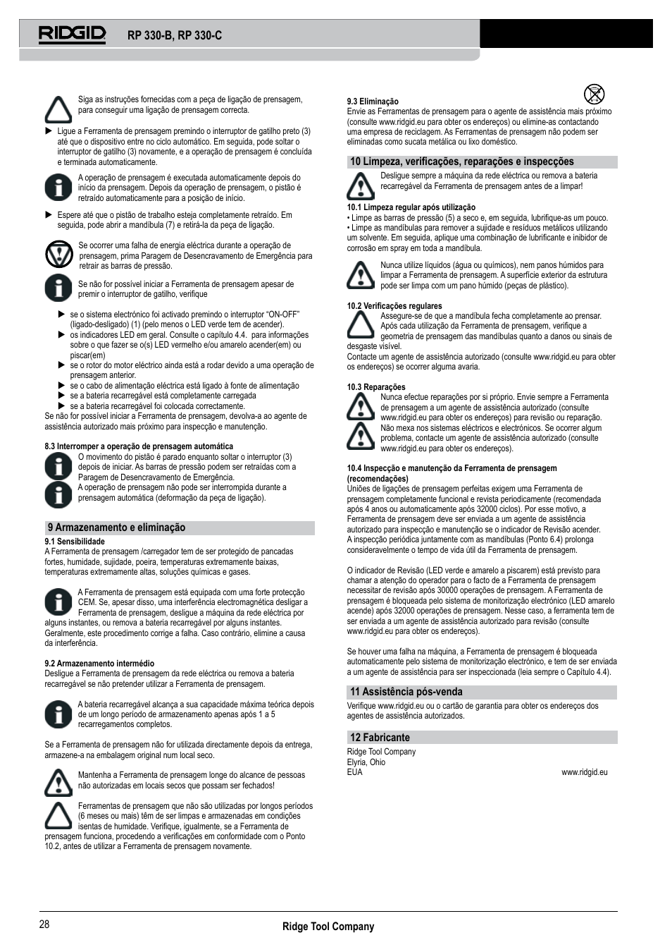Ridge tool company 28, 9 armazenamento e eliminação, 10 limpeza, verificações, reparações e inspecções | 11 assistência pós-venda, 12 fabricante | RIDGID RP 330-C User Manual | Page 29 / 82