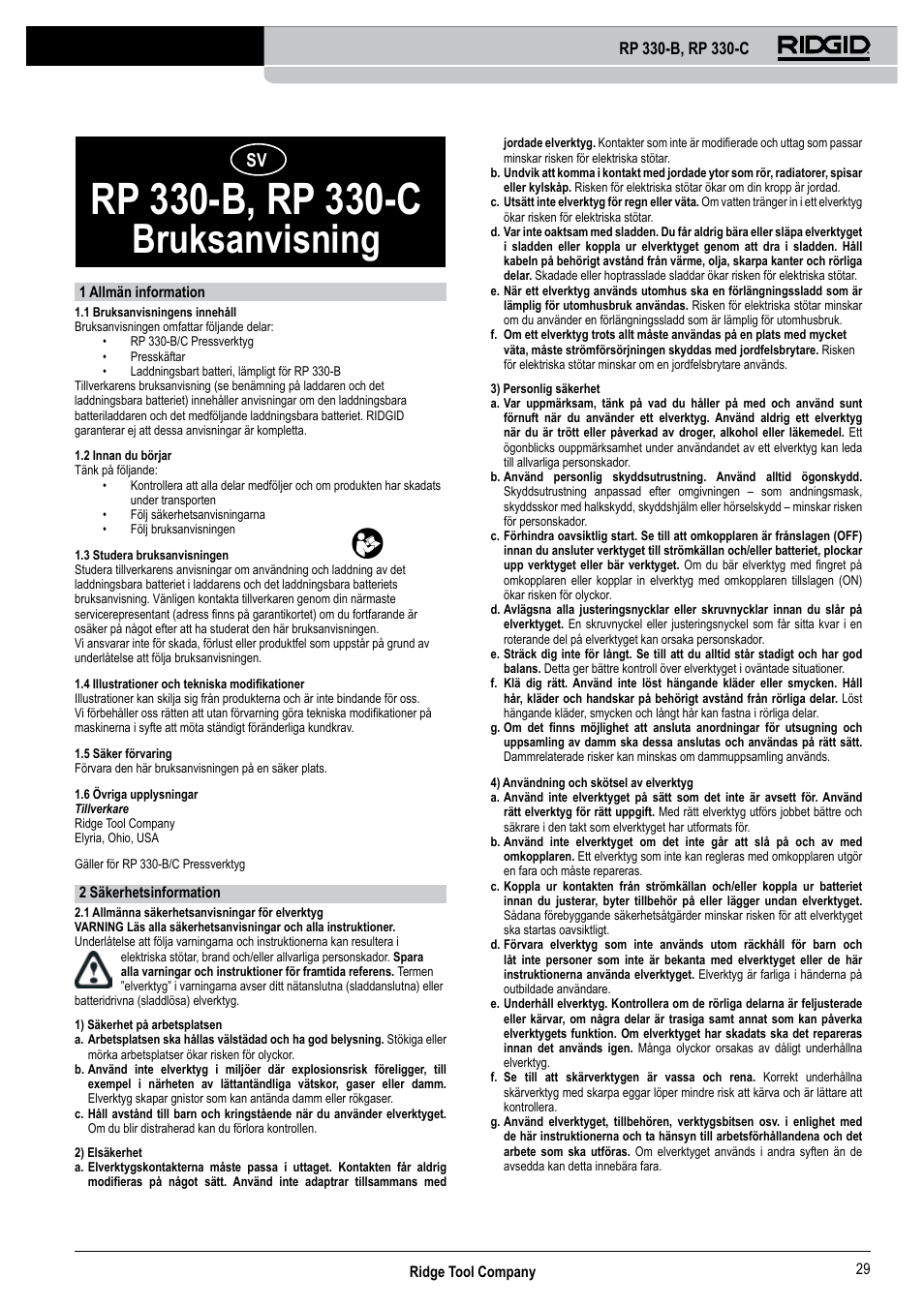 Bruksanvisning | RIDGID RP 330-C User Manual | Page 30 / 82