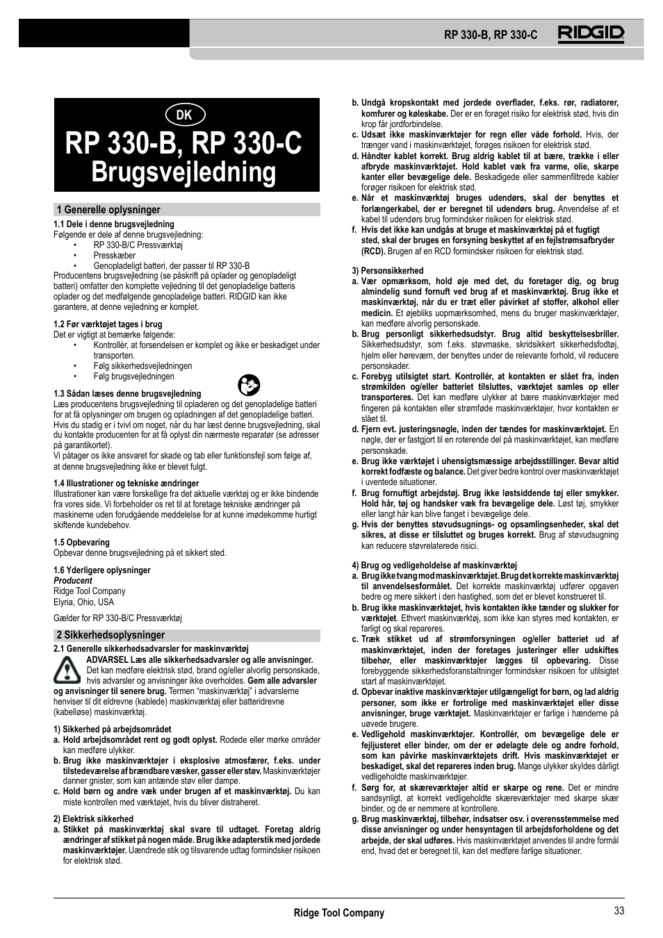 Brugsvejledning | RIDGID RP 330-C User Manual | Page 34 / 82