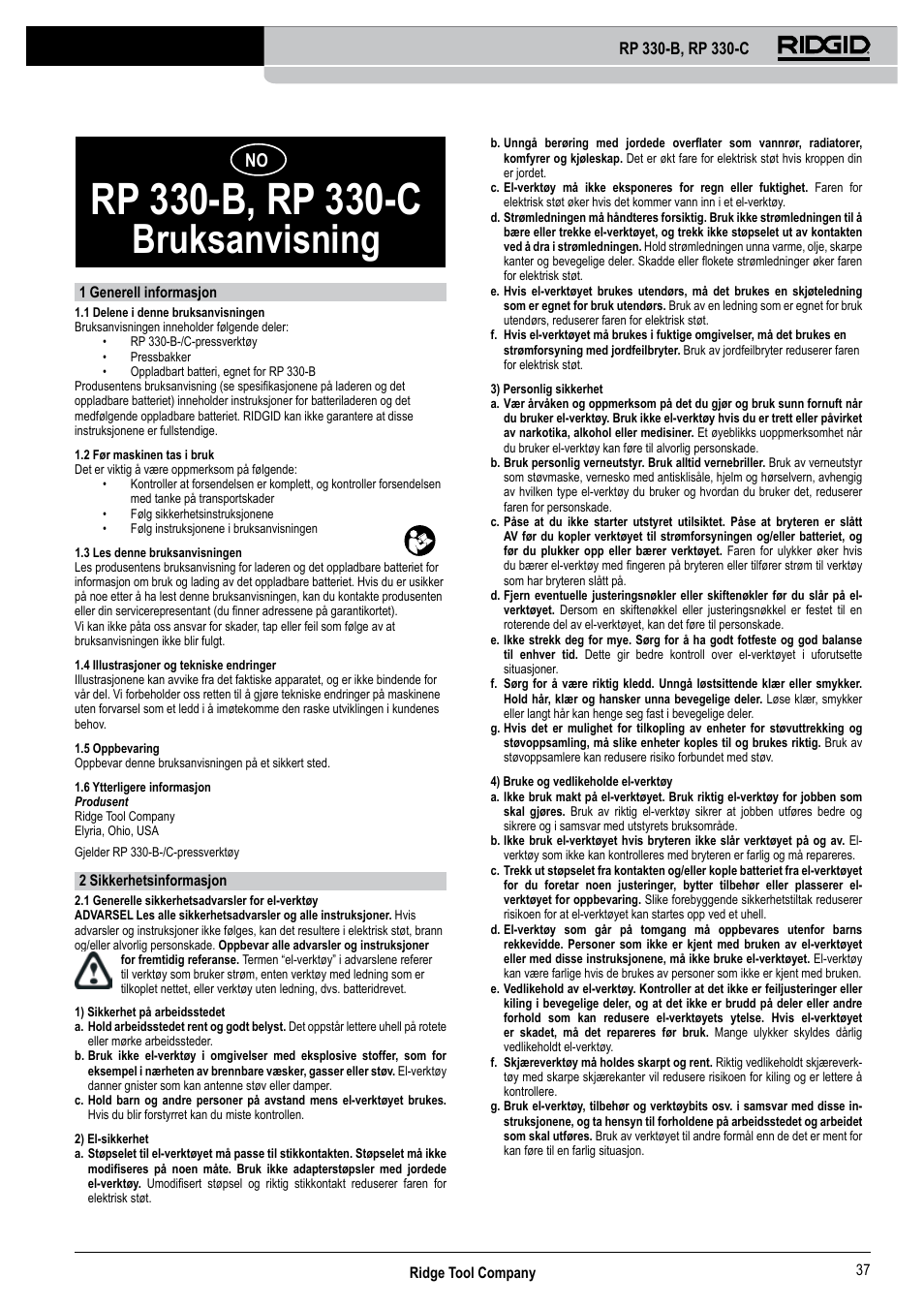 Bruksanvisning | RIDGID RP 330-C User Manual | Page 38 / 82